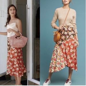 Farm Rio Patchwork Floral Skirt Brown Assymetrical Midi